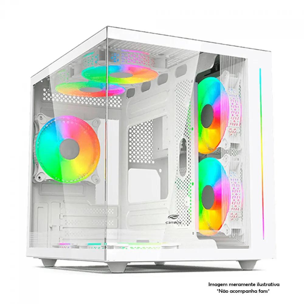 Gabinete Gamer C3Tech Aquarius Mid Tower C/ Frente e Lateral em Vidro Temperado e RGB S/ Fonte Branco - MT-G810WH Truedata